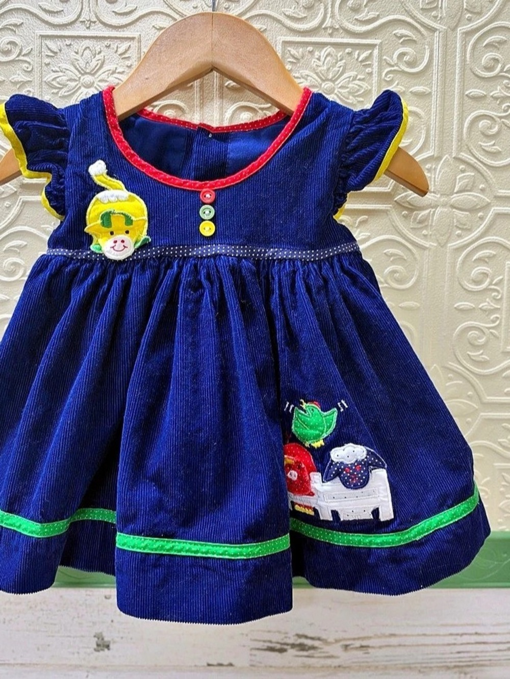 Vintage Baby Girls Corduroy Appliqué Dress in Blue